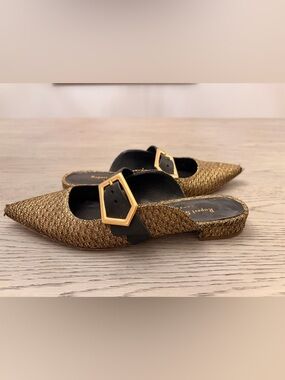 Rupert Sanderson Black & Gold Glitter Accents Mules Size 38 (8)